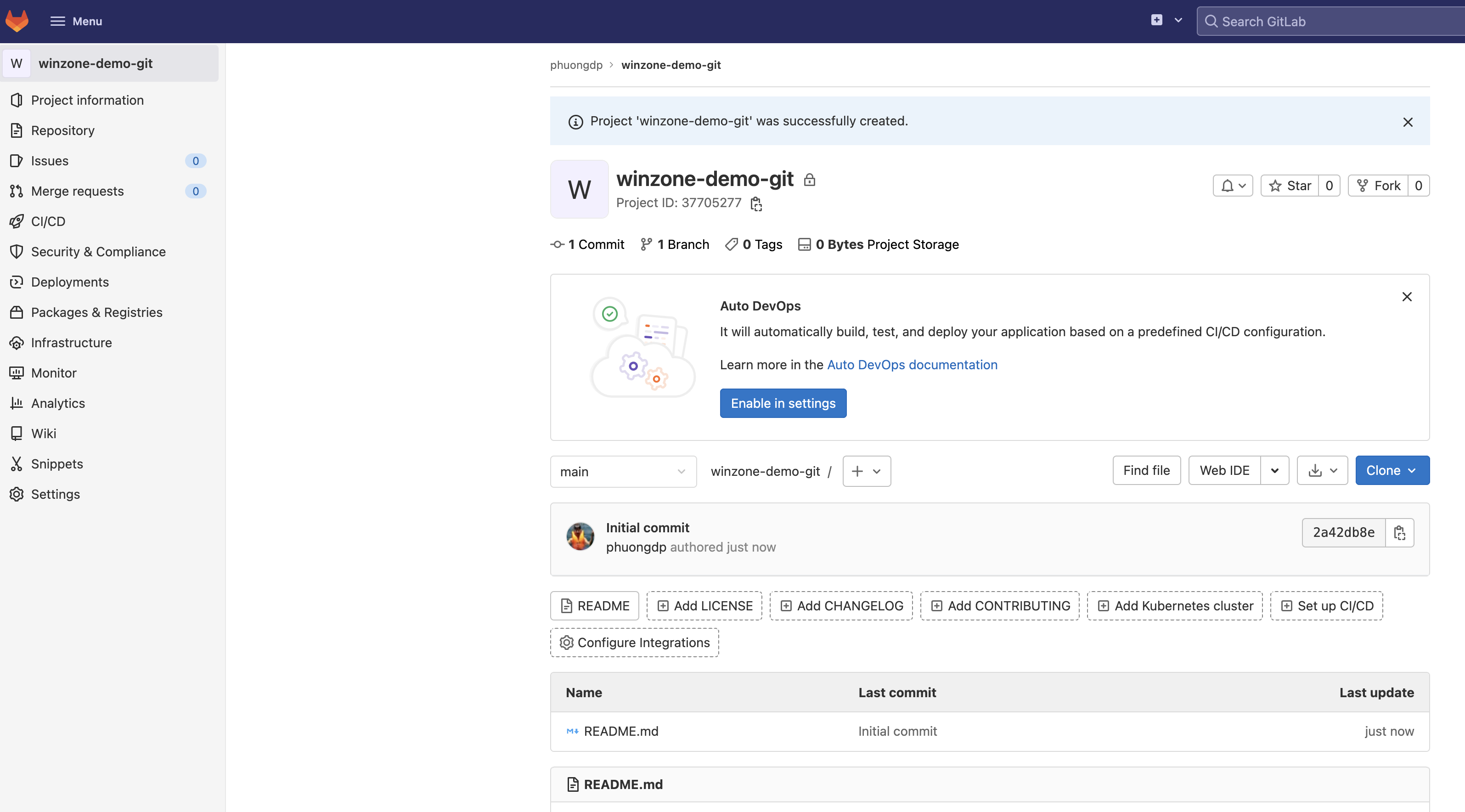 Winzone.vn Create project blank success in GitLab
